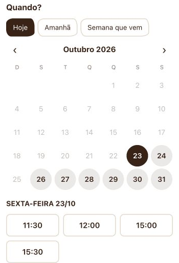 Calendário e horários disponíveis no agendamento online