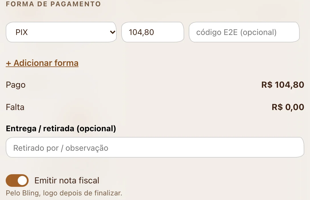 Chave Emitir nota fiscal ativada na venda